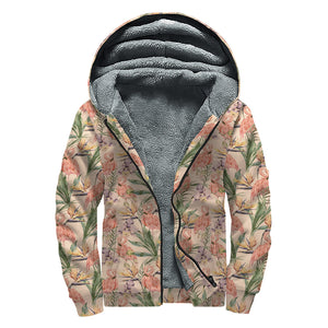 Vintage Flamingo Pattern Print Sherpa Lined Zip Up Hoodie