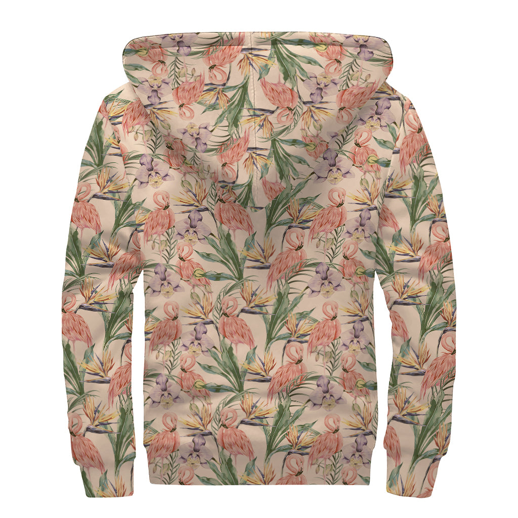 Vintage Flamingo Pattern Print Sherpa Lined Zip Up Hoodie