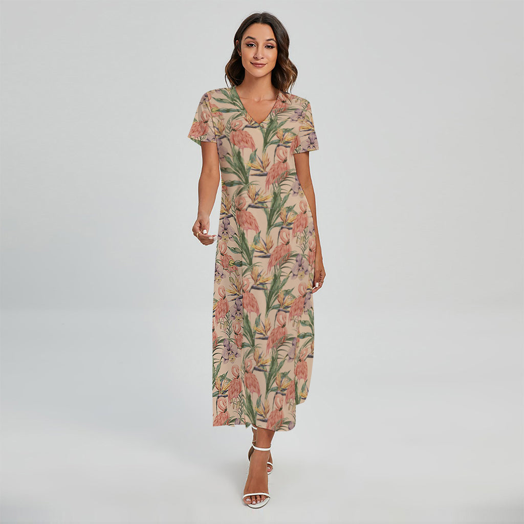 Vintage Flamingo Pattern Print Short Sleeve Maxi Dress