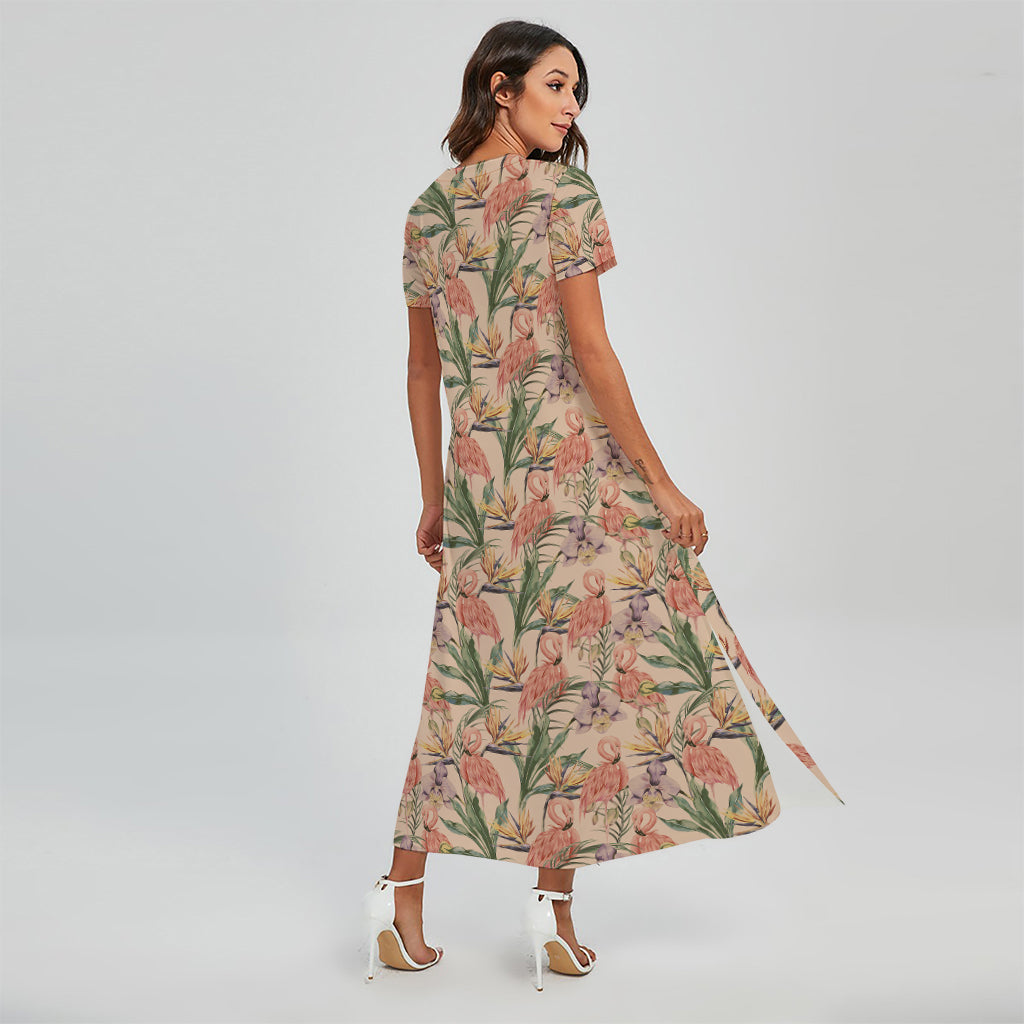Vintage Flamingo Pattern Print Short Sleeve Maxi Dress