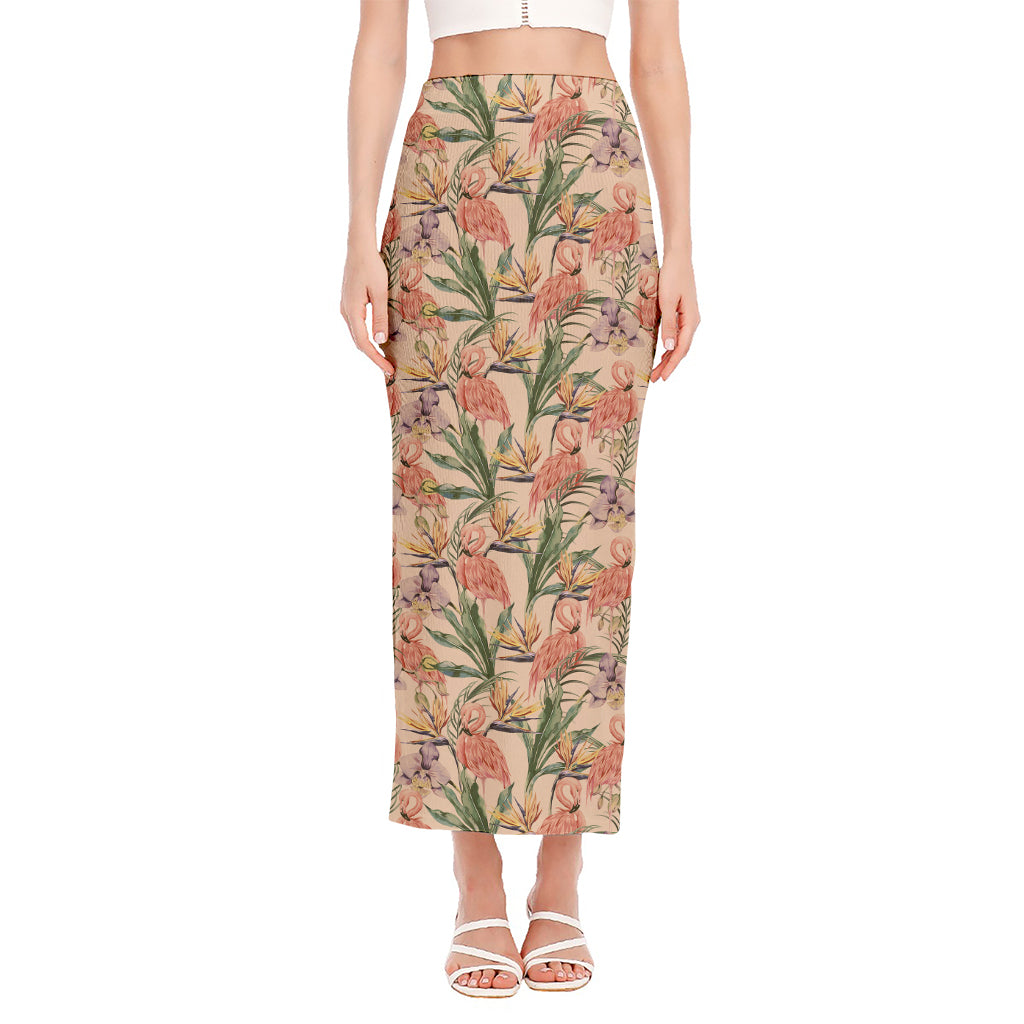 Vintage Flamingo Pattern Print Side Slit Maxi Skirt