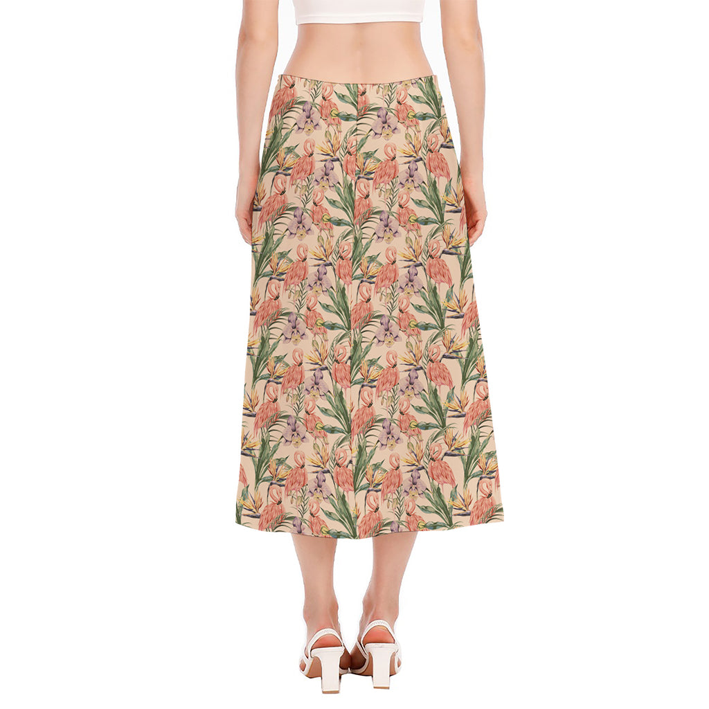 Vintage Flamingo Pattern Print Side Slit Midi Skirt