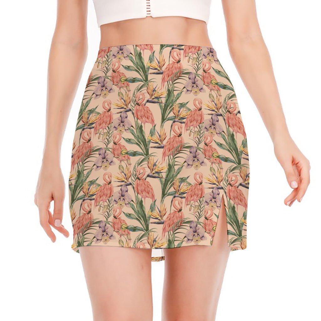 Vintage Flamingo Pattern Print Side Slit Mini Skirt