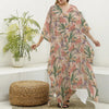 Vintage Flamingo Pattern Print Silk V-Neck Kaftan Dress