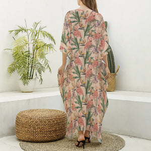 Vintage Flamingo Pattern Print Silk V-Neck Kaftan Dress