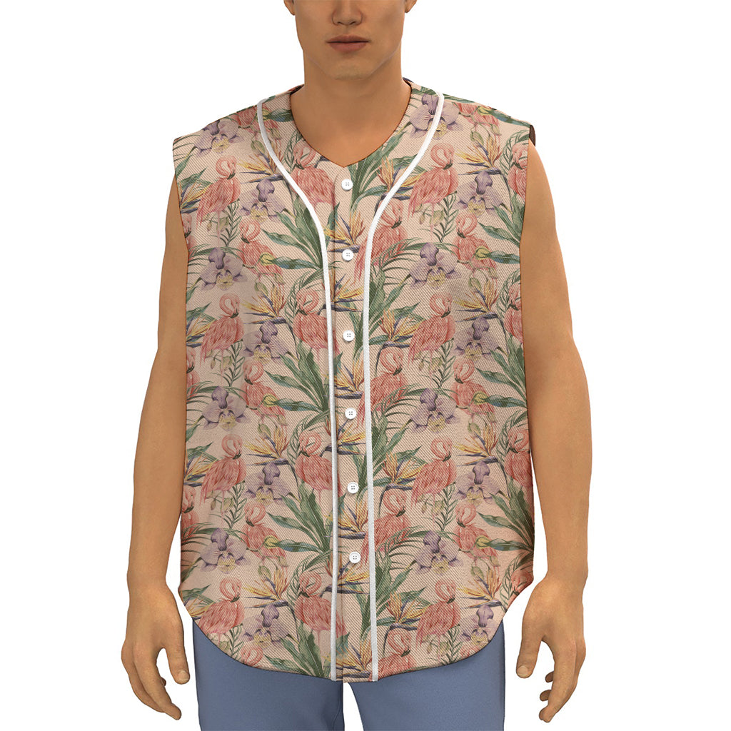 Vintage Flamingo Pattern Print Sleeveless Baseball Jersey