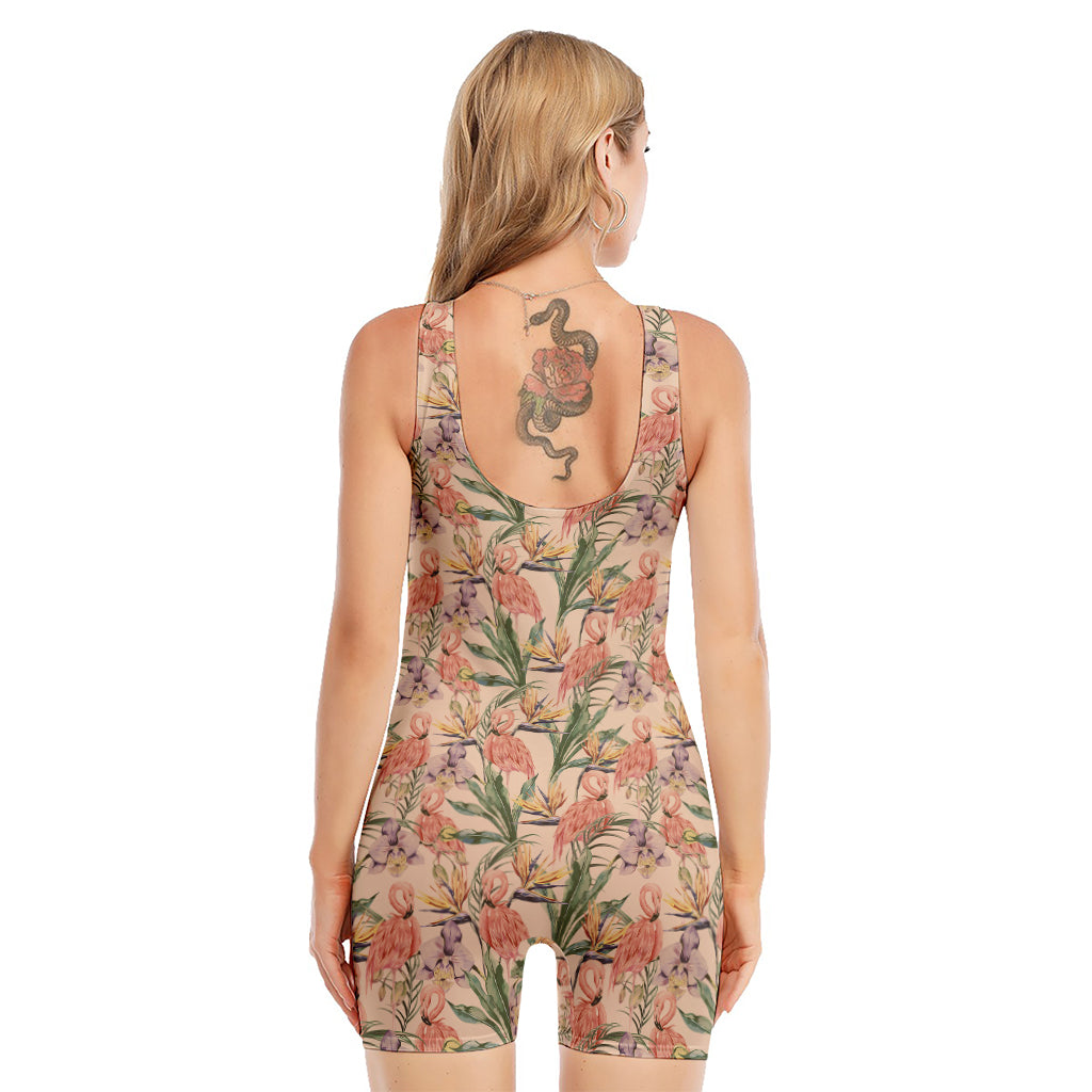 Vintage Flamingo Pattern Print Sleeveless One Piece Swimsuit