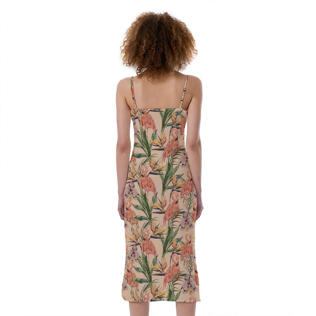 Vintage Flamingo Pattern Print Slim Fit Midi Cami Dress