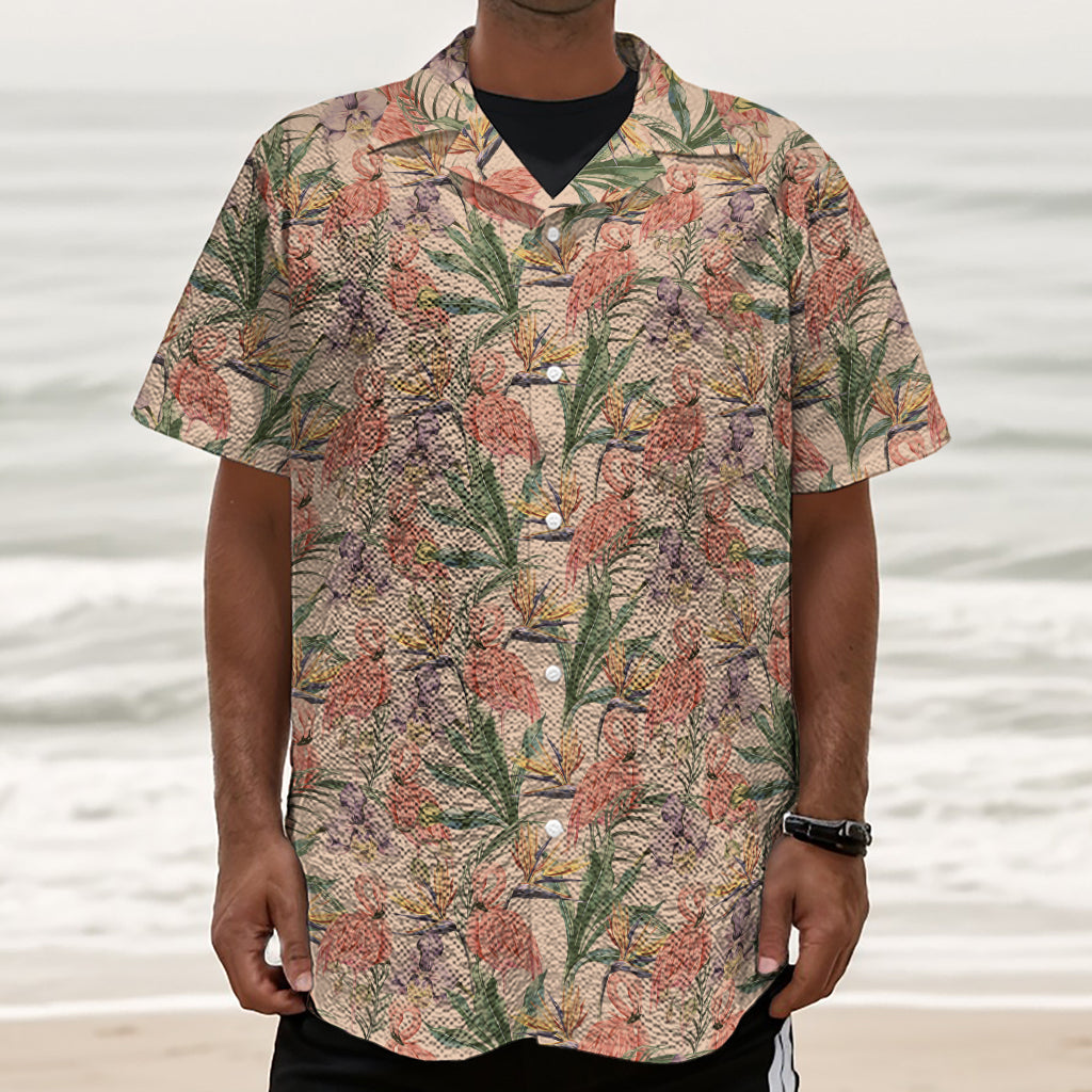 Vintage Flamingo Pattern Print Textured Short Sleeve Shirt