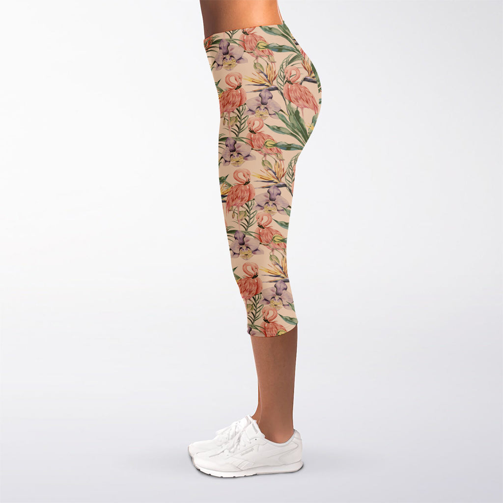 Vintage Flamingo Pattern Print Women's Capri Leggings