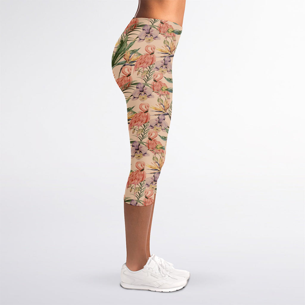 Vintage Flamingo Pattern Print Women's Capri Leggings