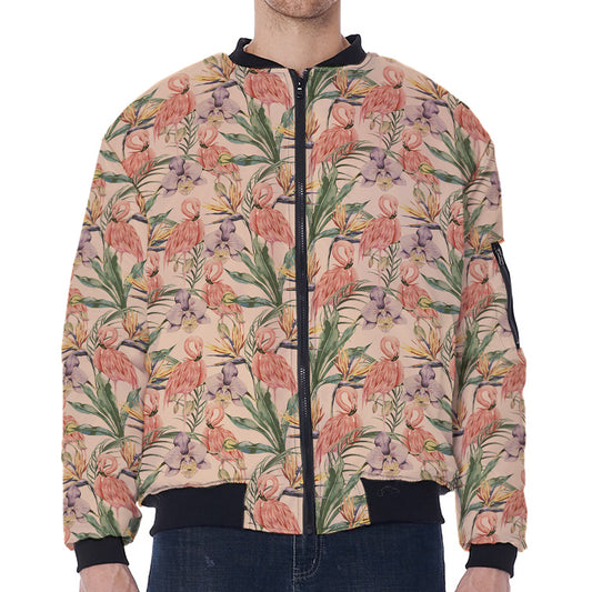 Vintage Flamingo Pattern Print Zip Sleeve Bomber Jacket