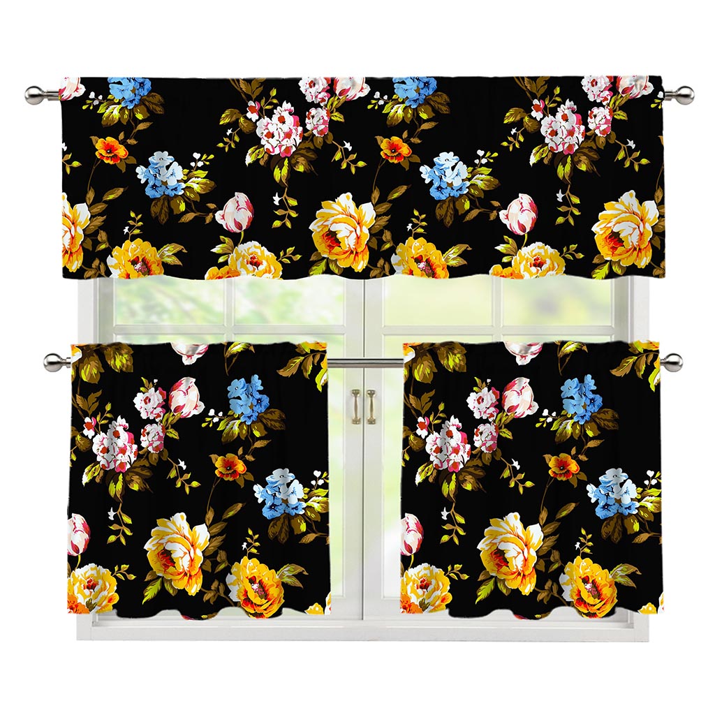 Vintage Floral Flower Pattern Print 3 Piece Kitchen Curtains