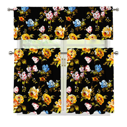 Vintage Floral Flower Pattern Print 3 Piece Kitchen Curtains