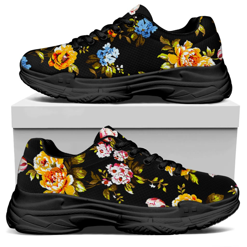 Vintage Floral Flower Pattern Print Black Chunky Shoes