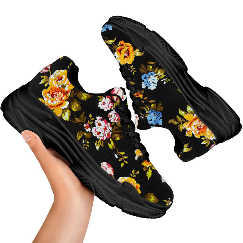 Vintage Floral Flower Pattern Print Black Chunky Shoes