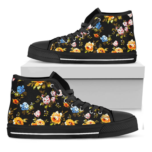 Vintage Floral Flower Pattern Print Black High Top Sneakers