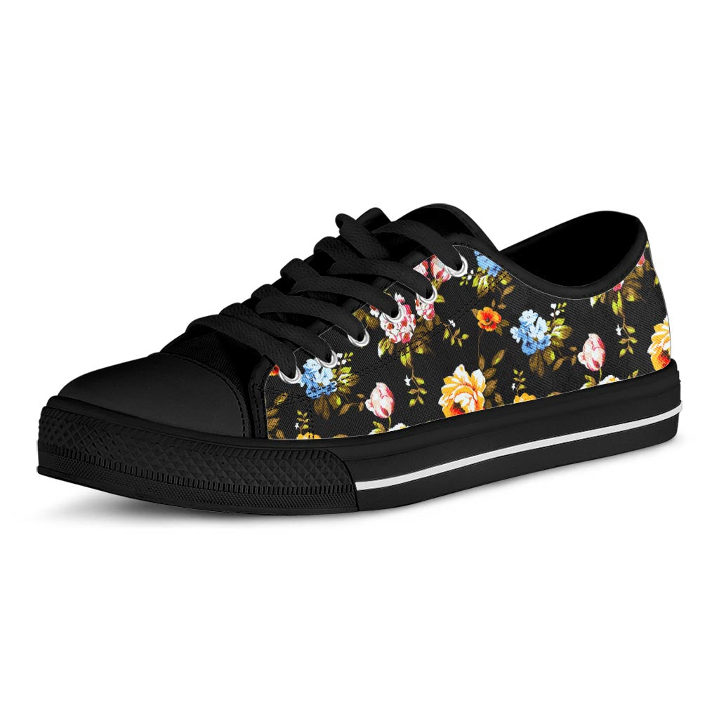Vintage Floral Flower Pattern Print Black Low Top Sneakers