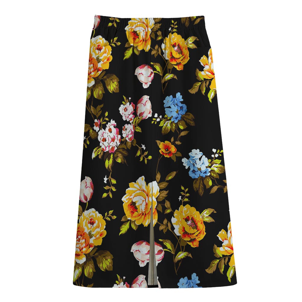 Vintage Floral Flower Pattern Print Cotton Front Slit Maxi Skirt