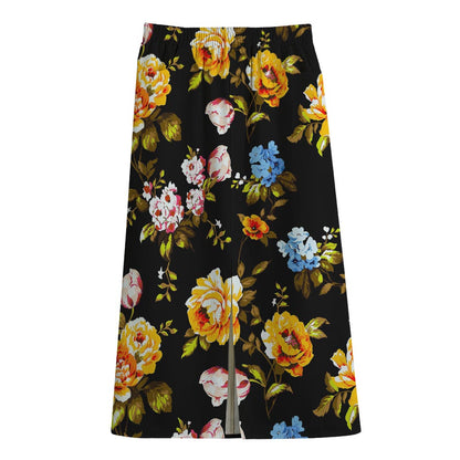Vintage Floral Flower Pattern Print Cotton Front Slit Maxi Skirt