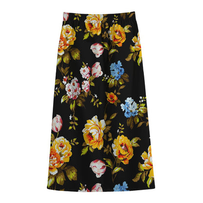 Vintage Floral Flower Pattern Print Cotton Front Slit Maxi Skirt