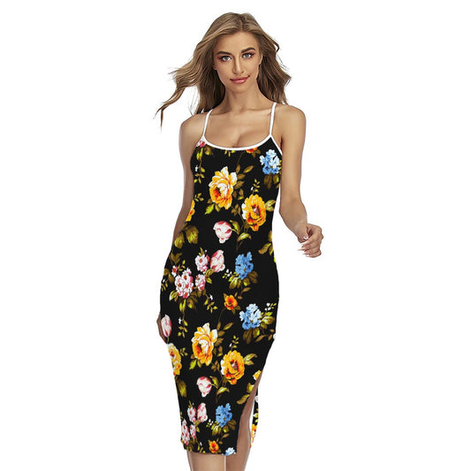 Vintage Floral Flower Pattern Print Cross Back Cami Dress