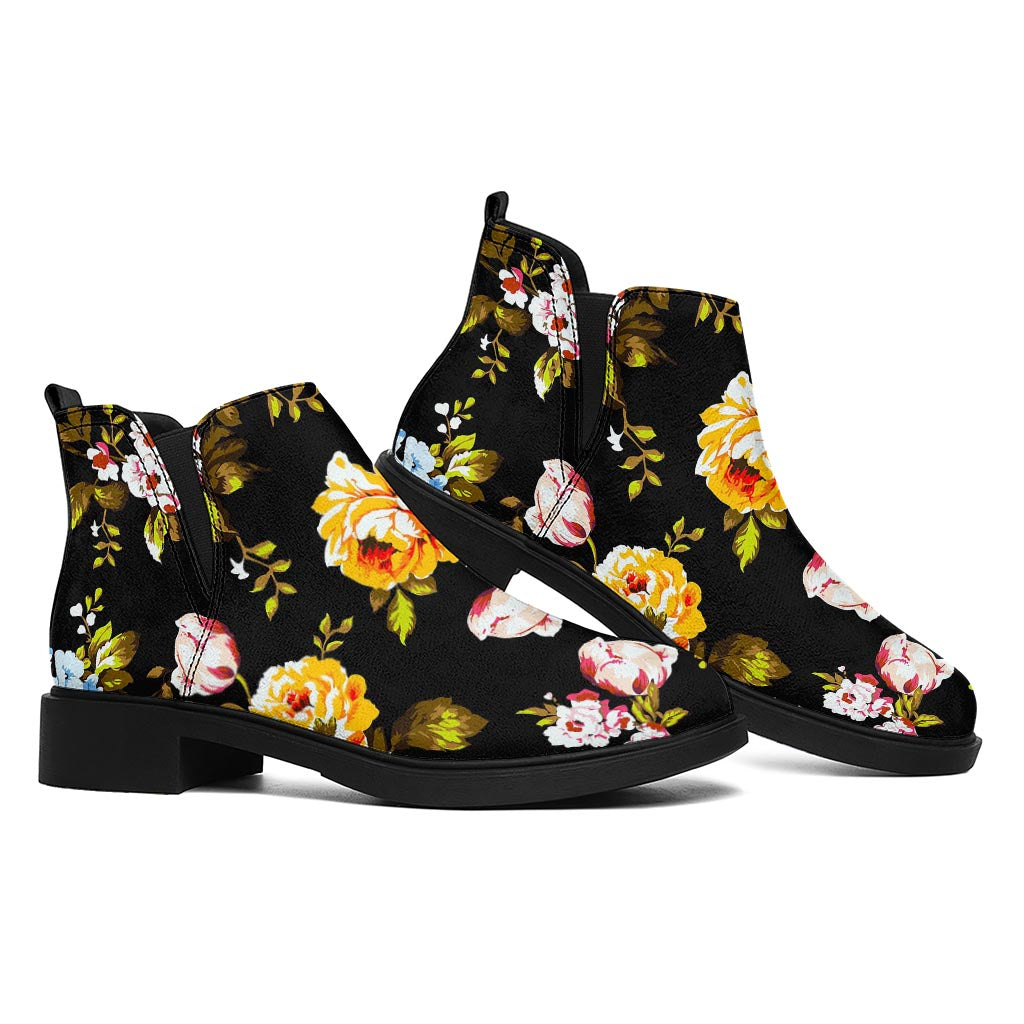 Vintage Floral Flower Pattern Print Flat Ankle Boots
