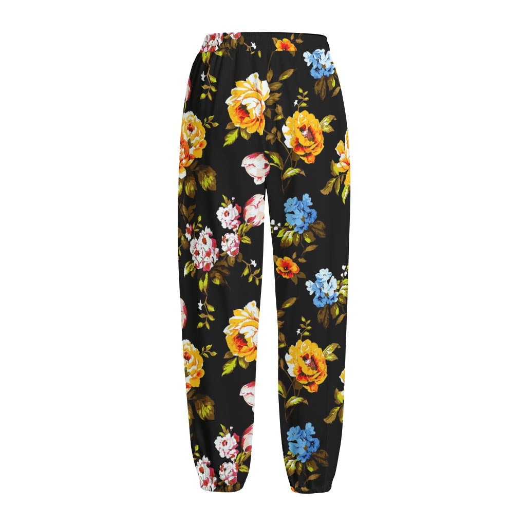 Vintage Floral Flower Pattern Print Fleece Lined Knit Pants