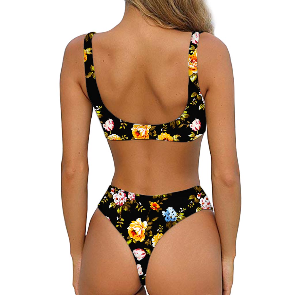 Vintage Floral Flower Pattern Print Front Bow Tie Bikini