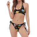 Vintage Floral Flower Pattern Print Halter Scoop Tie Side Bikini