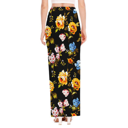 Vintage Floral Flower Pattern Print High Slit Maxi Skirt