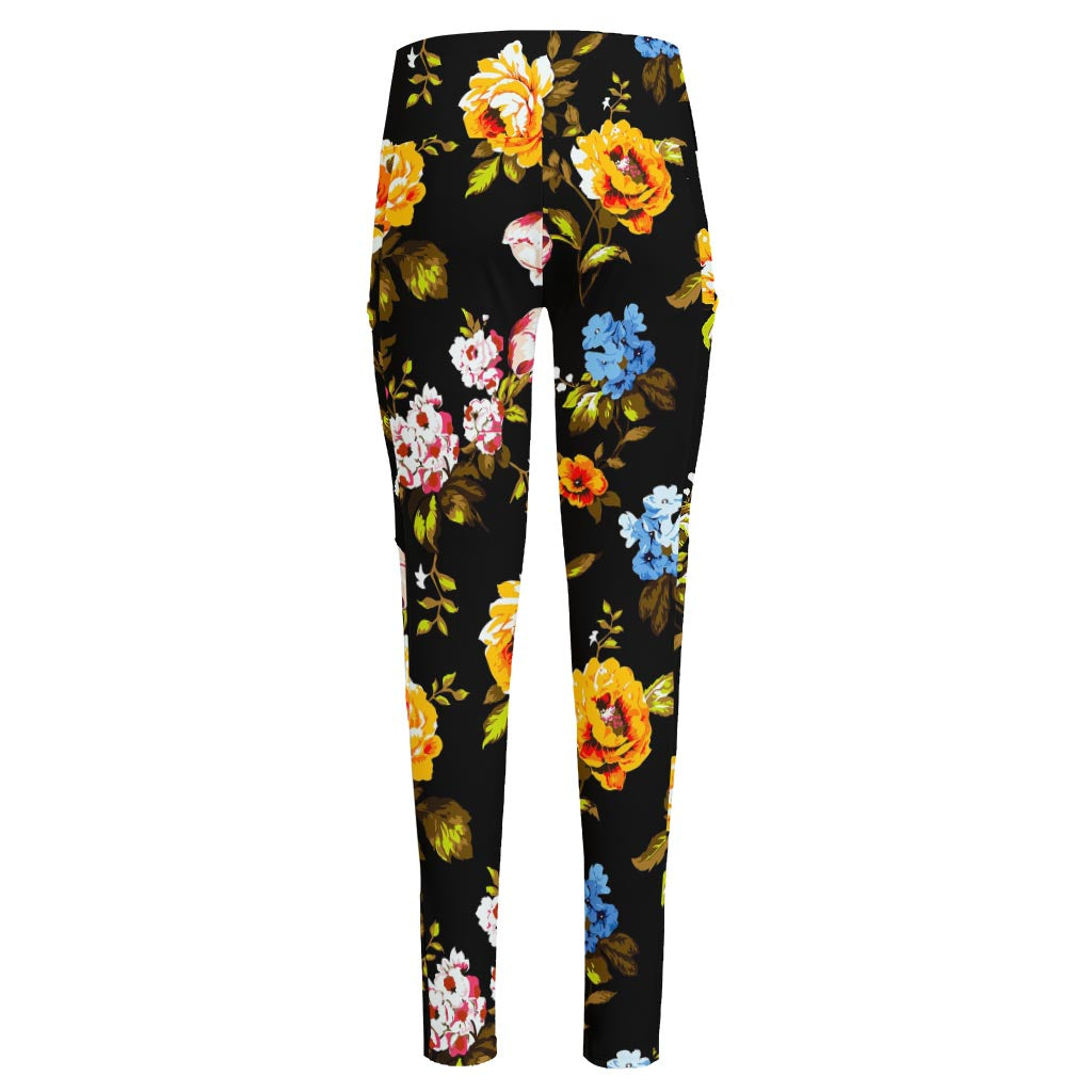 Vintage Floral Flower Pattern Print High-Waisted Pocket Leggings
