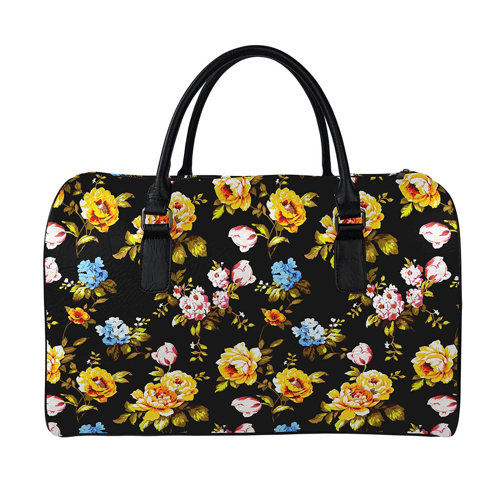 Vintage Floral Flower Pattern Print Leather Duffle Bag