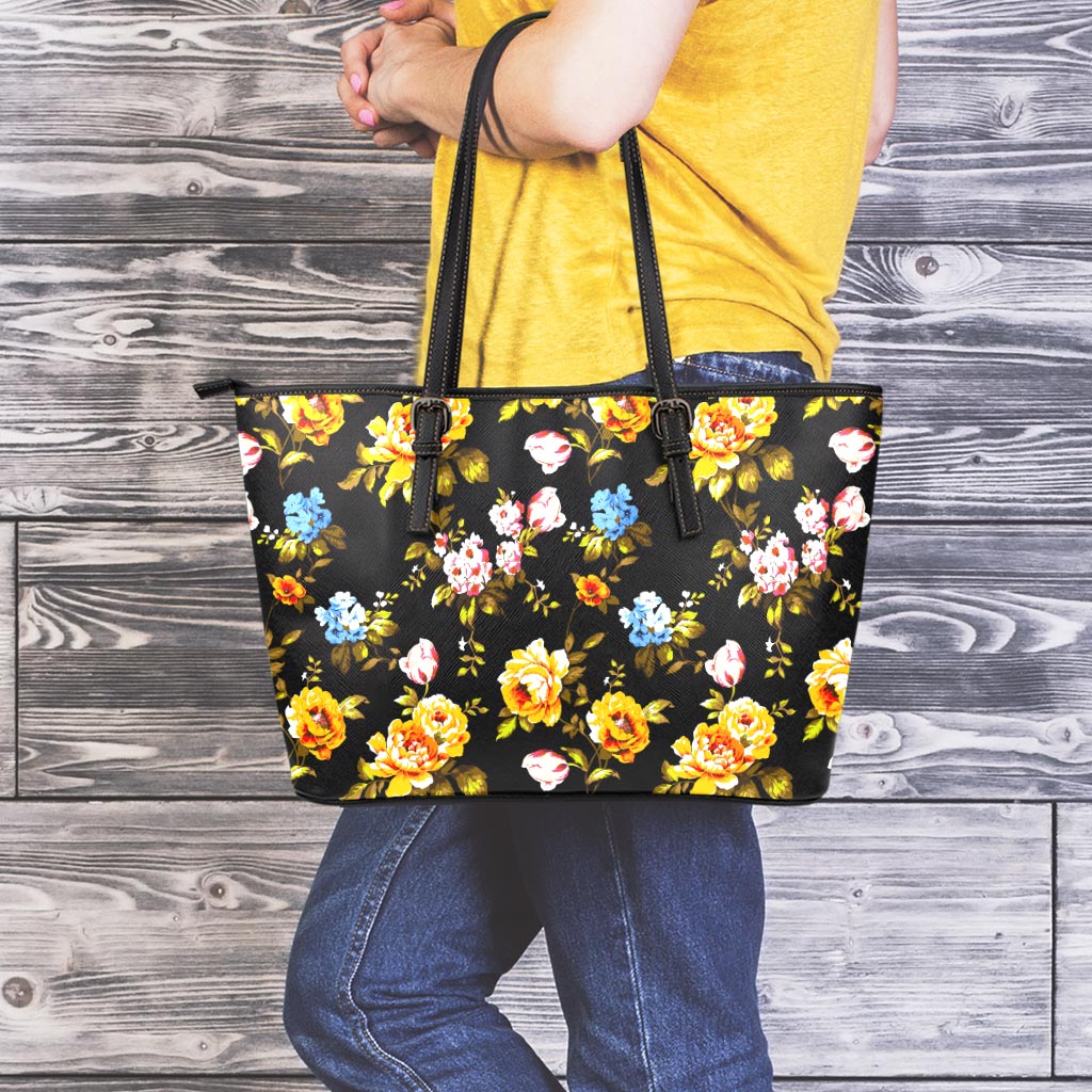 Vintage Floral Flower Pattern Print Leather Tote Bag