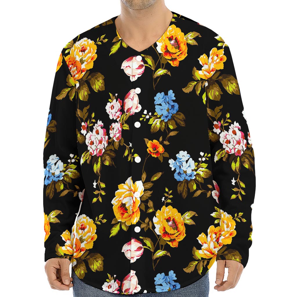 Vintage Floral Flower Pattern Print Long Sleeve Baseball Jersey