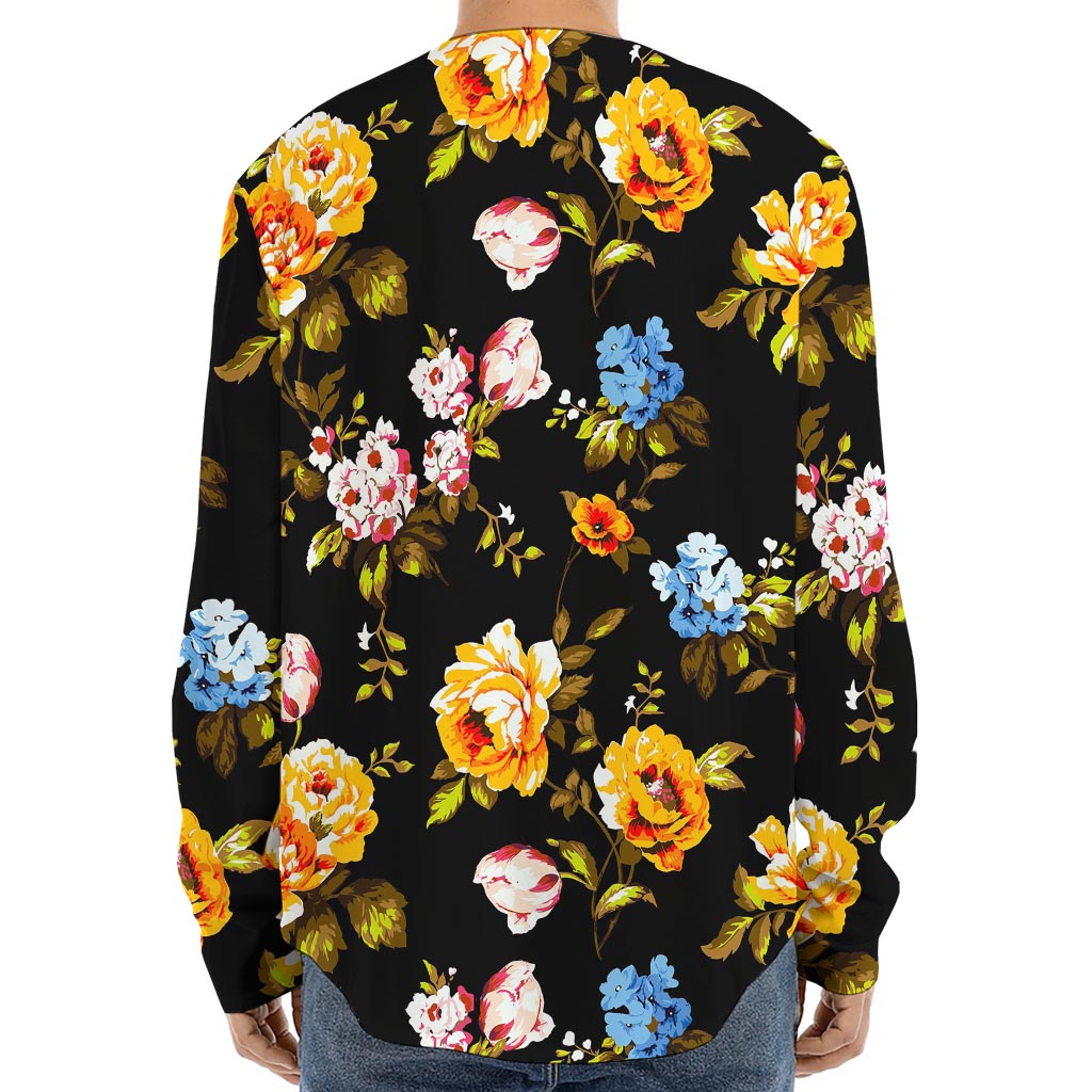 Vintage Floral Flower Pattern Print Long Sleeve Baseball Jersey