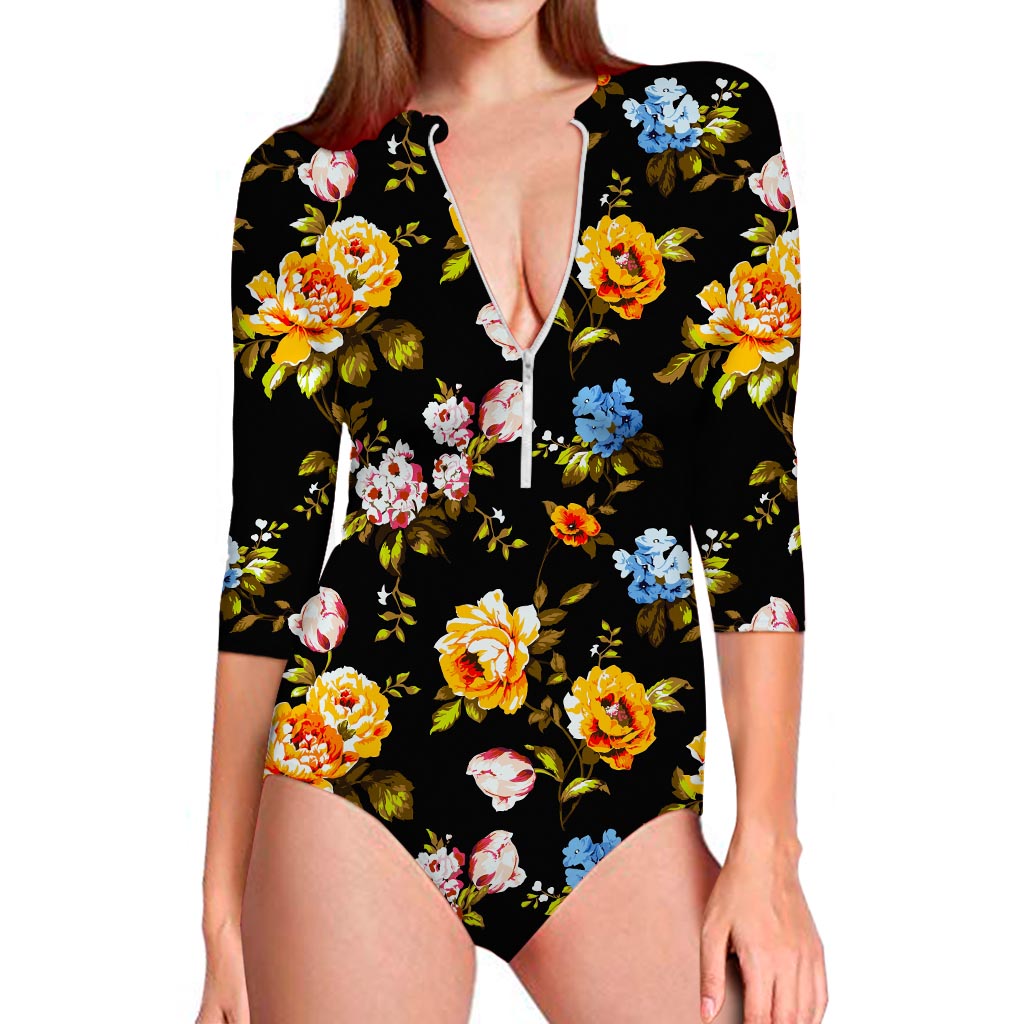 Vintage Floral Flower Pattern Print Long Sleeve Swimsuit