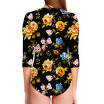 Vintage Floral Flower Pattern Print Long Sleeve Swimsuit