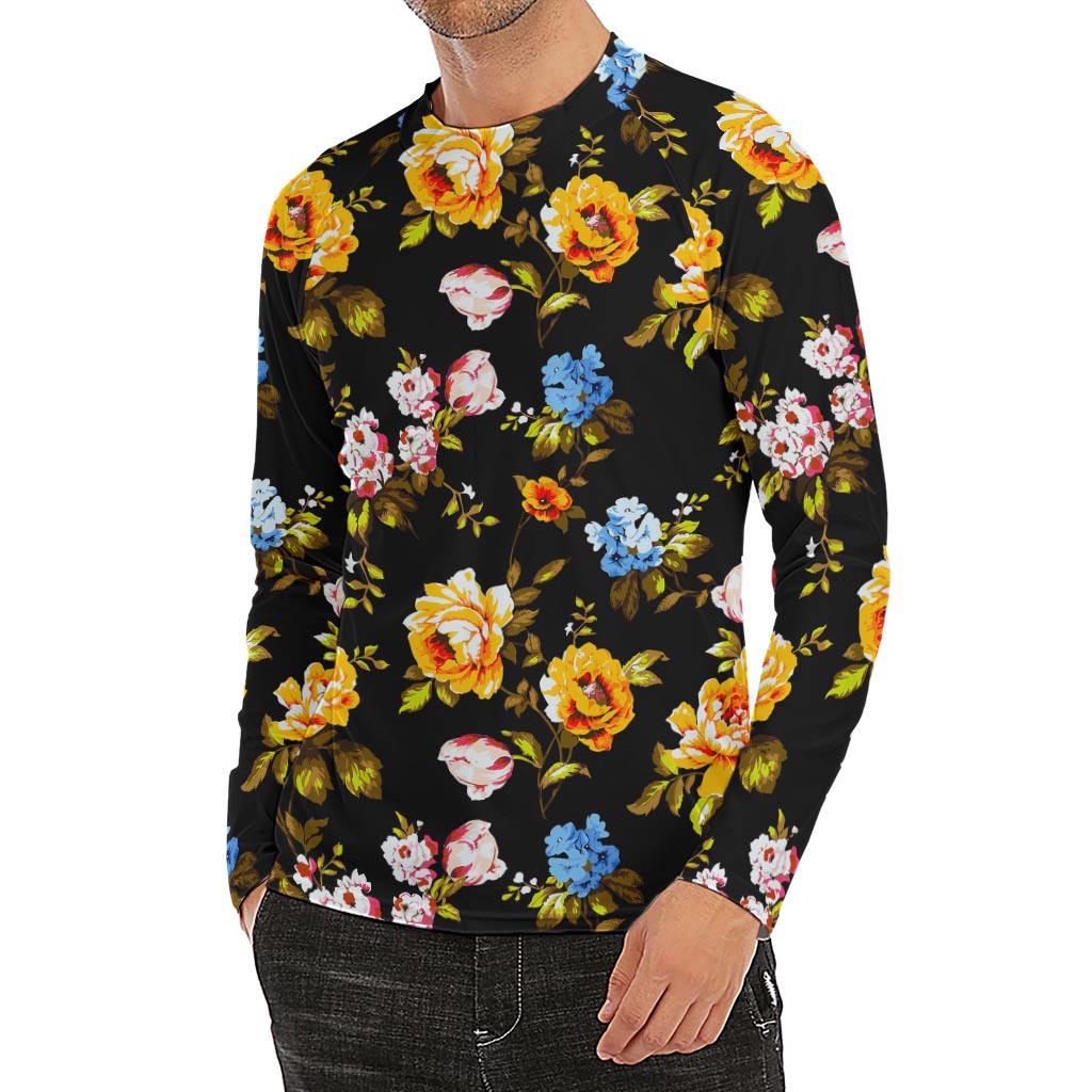 Vintage Floral Flower Pattern Print Men's Long Sleeve Rash Guard