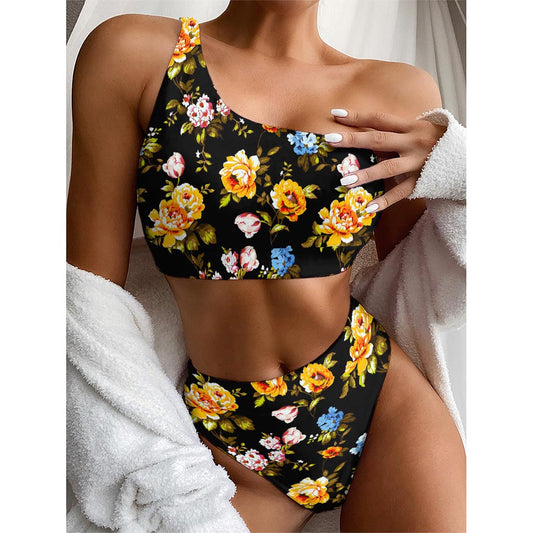 Vintage Floral Flower Pattern Print One Shoulder Bikini Top