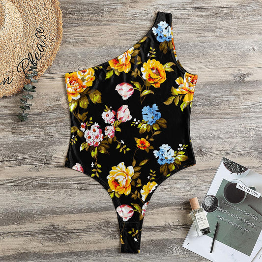 Vintage Floral Flower Pattern Print One Shoulder Bodysuit