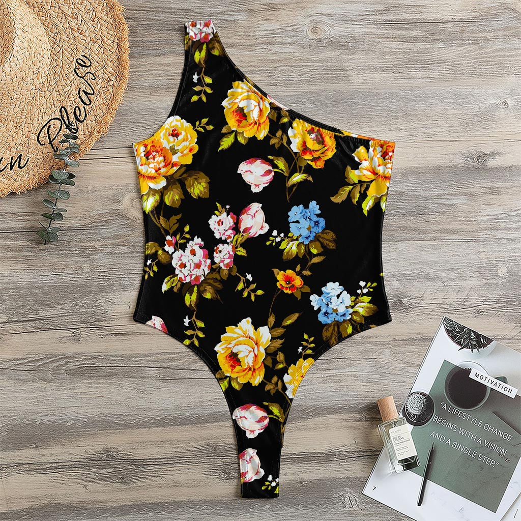 Vintage Floral Flower Pattern Print One Shoulder Bodysuit