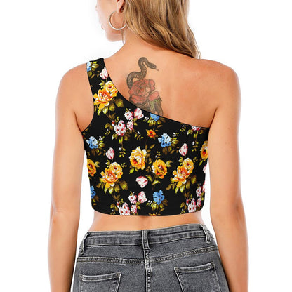 Vintage Floral Flower Pattern Print One Shoulder Crop Top