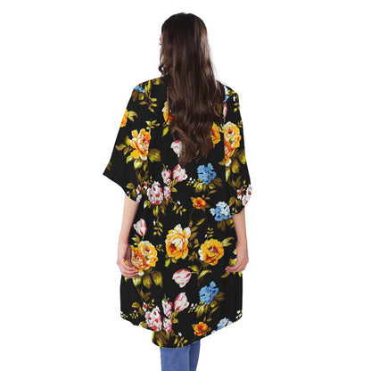 Vintage Floral Flower Pattern Print Open Front Beach Cover Up