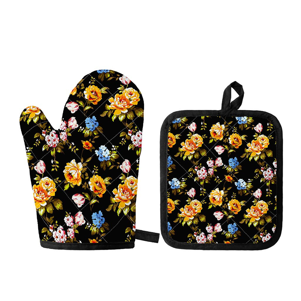 Vintage Floral Flower Pattern Print Oven Mitt And Pot Holder Set