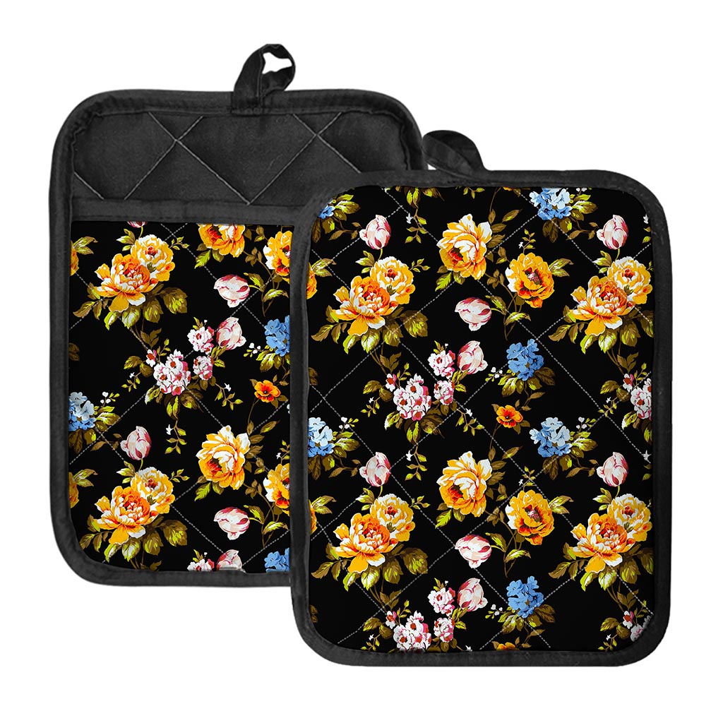 Vintage Floral Flower Pattern Print Pot Holders With Pocket