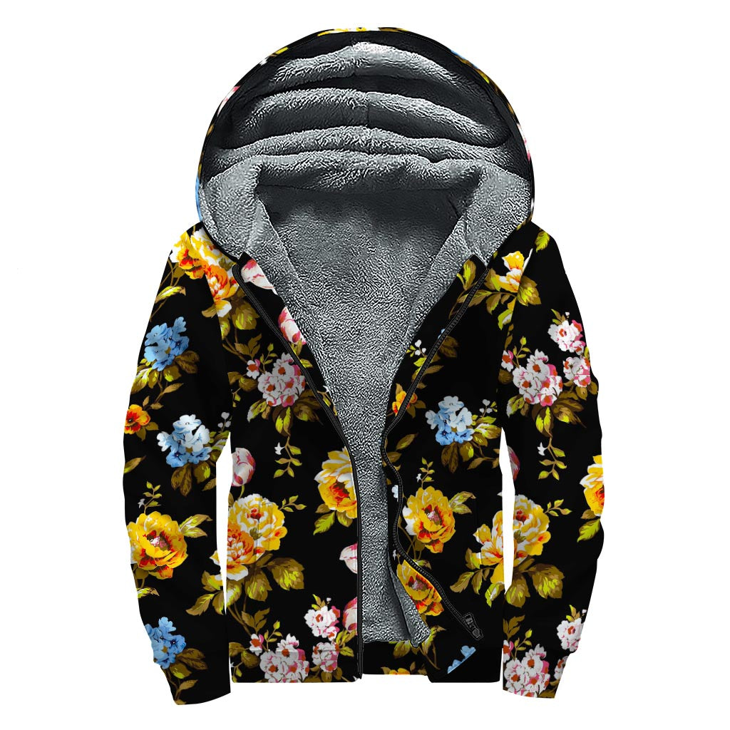 Vintage Floral Flower Pattern Print Sherpa Lined Zip Up Hoodie