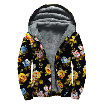 Vintage Floral Flower Pattern Print Sherpa Lined Zip Up Hoodie