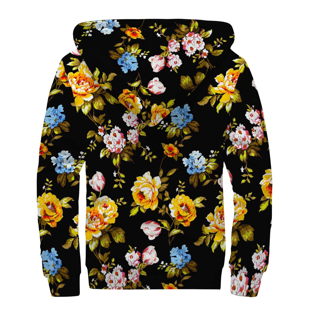 Vintage Floral Flower Pattern Print Sherpa Lined Zip Up Hoodie