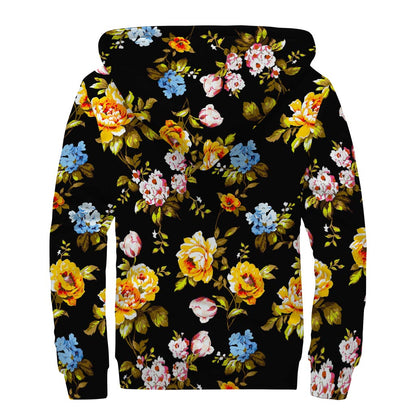 Vintage Floral Flower Pattern Print Sherpa Lined Zip Up Hoodie